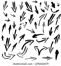 Set of grunge arrows isolated on white background. Vector ink brush signs.