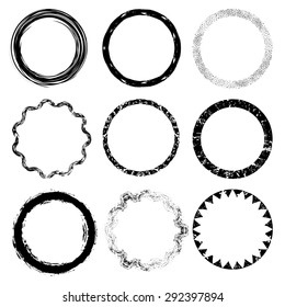 Set of grunge artistic circles. Hand drawn elements.Vector illustration.Art frames. Isolated elements for graphic design.Editable template.Black shapes on a white background.