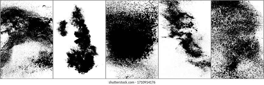 Conjunto de fondo negro y blanco. Textura oscura sucia. Efecto óxido. Textura superpuesta angustiada de rajaduras. Ilustración vectorial de medio tono, Eps 10.
