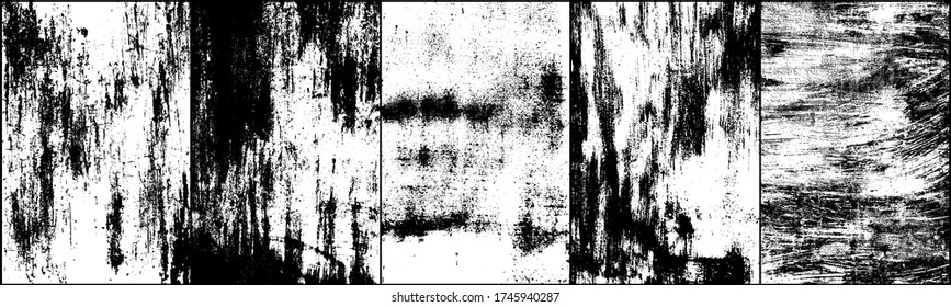 Conjunto de fondo negro y blanco. La textura oscura está sucia. Efecto oxidación. Textura superpuesta angustiada de rajaduras. Ilustración vectorial de semitono, Eps 10.