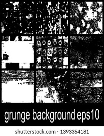 Set of grunge backgrounds in black and white. Abstract vector textures. Patterns of cracks, chips, scuffs