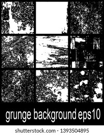 Set of grunge backgrounds in black and white. Abstract vector textures. Patterns of cracks, chips, scuffs