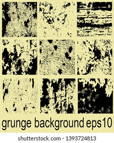 Set of grunge backgrounds in black and white. Abstract vector textures. Patterns of cracks, chips, scuffs