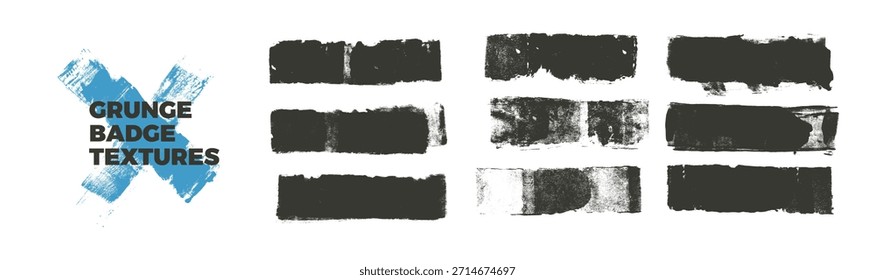 Conjunto de insignias grunge texturas hechas a mano. Pinceladas artísticas de esponja plana con bordes ásperos. Vector de vetas gruesas. Líneas anchas y negras rectas. Formas audaces de medios de mezcla grunge. Brillantes reflejos texturizados.