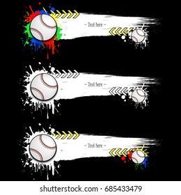 Set grunge banners with baseball balls. White background with splashes of watercolor ink and blots. Vector illustration