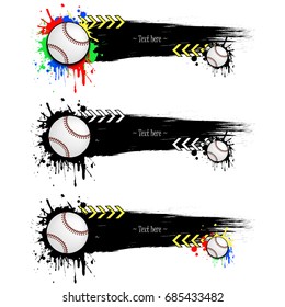 Set grunge banners with baseball balls. Black background with splashes of watercolor ink and blots. Vector illustration