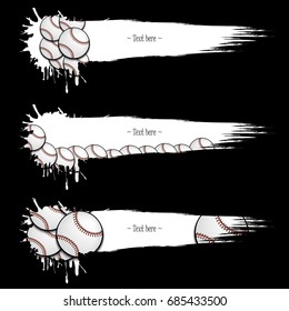 Set grunge banners with baseball balls. White background with splashes of watercolor ink and blots. Vector illustration