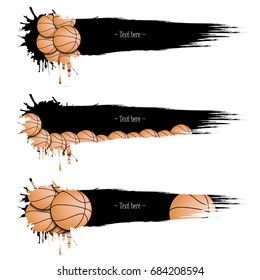 Set grunge banners with basketball balls. Black background with splashes of watercolor ink and blots. Vector illustration