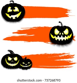 Set of grunge banners with happy halloween and pumpkins. Orange background with splashes of watercolor ink and blots. Vector illustration