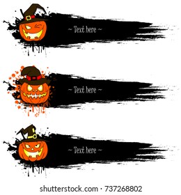 Set of grunge banners with happy halloween and pumpkins. Black background with splashes of watercolor ink and blots. Vector illustration