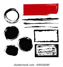 set of grunge banners, strokes and empty scribble circles isolated on white. vector design elements