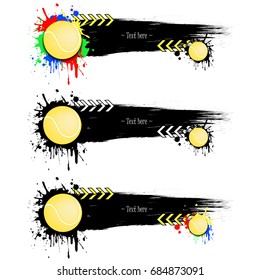 Set grunge banners with tennis balls. Black background with splashes of watercolor ink and blots. Vector illustration