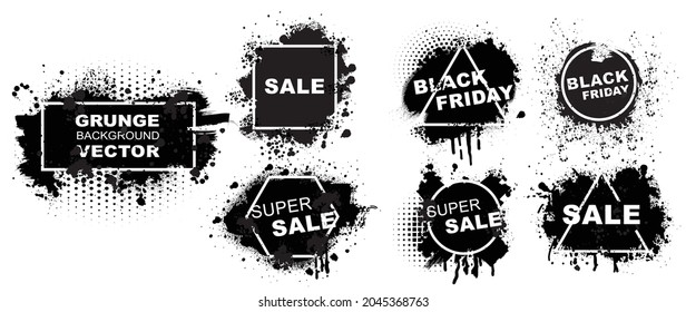 Set of grunge banners.Grunge backgrounds for sale. Spray Paint Vector Elements isolated on White Background, Lines and Drains Black ink splatters, Ink blots set, text frame, Street style.