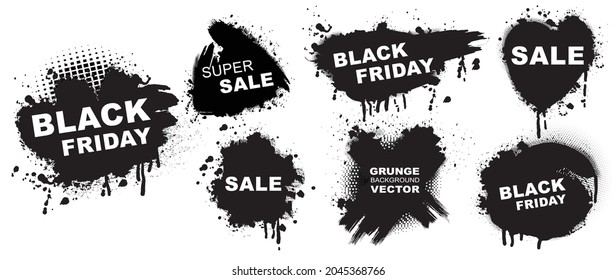 Set of grunge banners.Grunge backgrounds for sale. Spray Paint Vector Elements isolated on White Background, Lines and Drains Black ink splatters, Ink blots set, text frame, Street style.