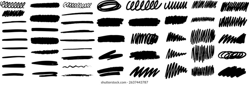 Set of grunge black brush strokes and hand-drawn scribbles for banners, backgrounds, and textured design elements. Vector EPS 10