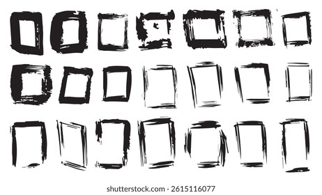 Set of grunge black frames painted with dry brush, collection of frames made with ink, abstract rectangles for decoration and design, black borders on white background, square and rectangle frames