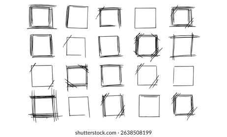 Set of grunge black frames painted with dry brush, collection of frames made with ink, abstract rectangles for decoration and design, black borders on white background, square and rectangle frames