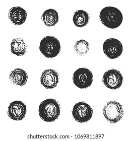 Set of grunge black hand drawn scratched round textures. Collection of isolated dark pencil handdrawn shapes for graphic design, sketchy decorating elements