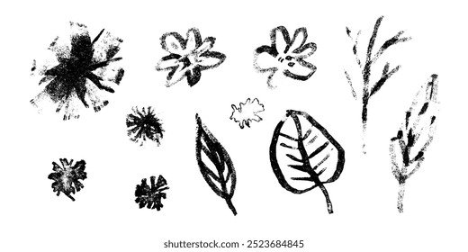 Set of grunge black ink hand drawn simple sketch textured tree leaves, herbs and flowers. Abstract brush stroke drawing texture botanical elements for pattern design, greeting card, logo print