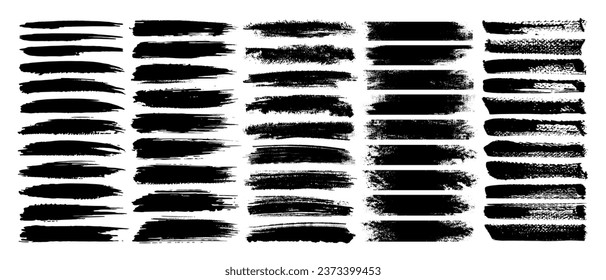 Set of grunge black ink paint brush stroke and dirty watercolor texture. Grungy splash, splatter or decoration element for social media. Torn or rip paper art. Paint brush silhouette for business.