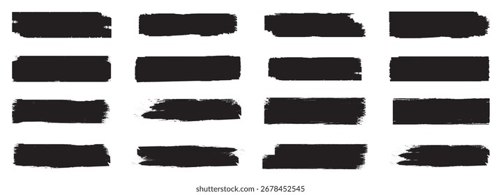  Conjunto de pintura negra grunge. Pinceladas, líneas de tinta negra, conjunto abstracto de Vector con textura de pincel sobre fondo blanco. Conjunto de pinceladas de caligrafía coreana japonesa china.