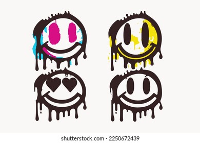 Set of grunge black paint graffiti spray smiling faces. Grunge melting emojis collection. Paint streaks, splash stain and drip vector illustration.