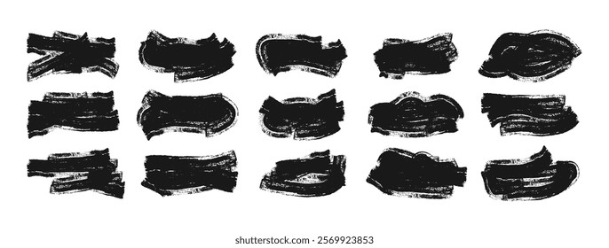 Set of grunge black paint, ink brush strokes. Brush Collection Isolated on White Background. Top Brush Stroke Four Black Ink Paint, Grunge Backdrop, Dirt Banner, Design. Vector.