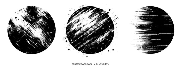 Set of grunge black grunge planets. Monochrome grunge circle. Round textured shape.