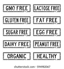 Set of grunge black square rubber stamp about food  allergen and safety