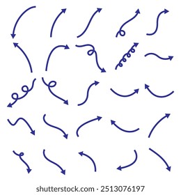 Set of grunge blue arrows, hand painted. Curved, twisted and straight arrows drawn with wax pencils. Vector set of pointers.