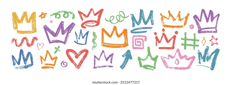 Set of grunge bold king crowns on white background. Color prince diadem. Hand drawn charcoal graffiti doodle princess tiara, royal queen head accessories, stars, arrows, curly lines with brush texture