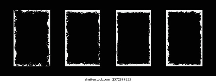 Set of grunge border frames with rough edges . Grunge tiny frame borders. Rectangular old rough edge effect border isolated on black background _ vector illustration.	