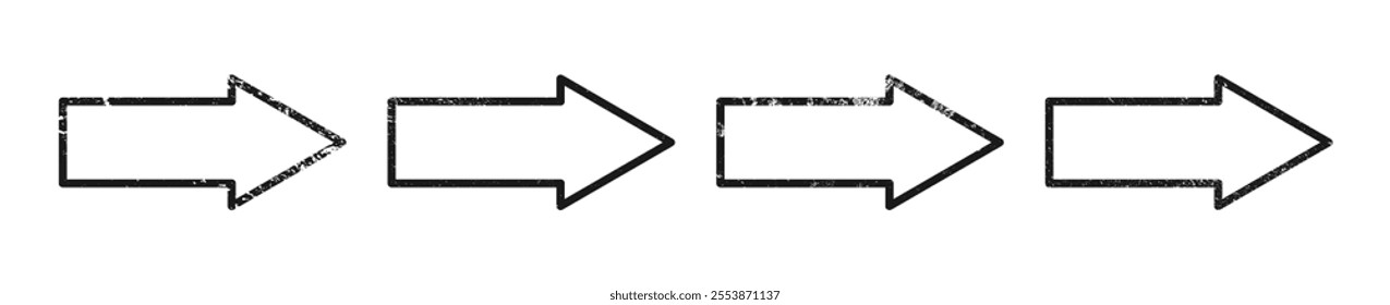 Set of grunge borders in arrow form. Collection of four dark textured frames with empty space on white background. Vector illustration
