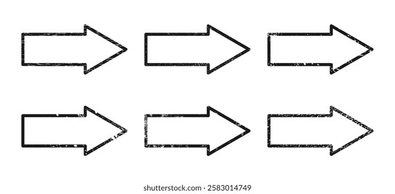 Set of grunge borders in arrow form. Collection of six dark textured frames with empty space on white background. Vector illustration