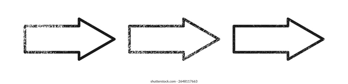 Set of grunge borders in arrow form. Collection of three dark textured frames with empty space on white background. Vector illustration
