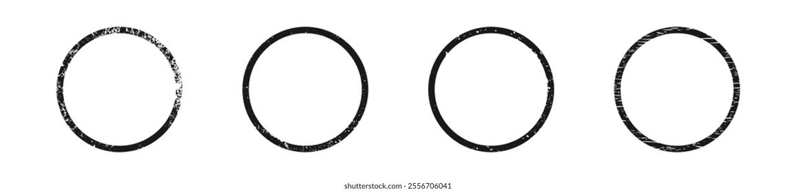 Set of grunge borders in circle form. Collection of four dark textured frames with empty space on white background. Vector illustration