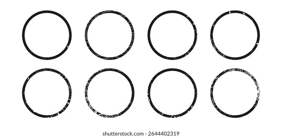 Set of grunge borders in circle form. Collection of eight dark textured frames with empty space on white background. Vector illustration