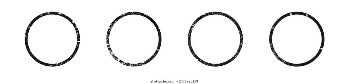 Set of grunge borders in circle form. Collection of four dark textured frames with empty space on white background. Vector illustration