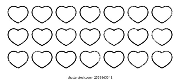 Set of grunge borders in heart form. Big collection of dark textured frames with empty space on white background. Vector illustration