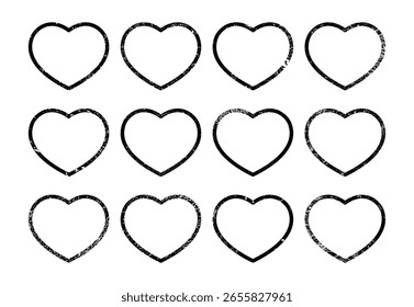 Conjunto de bordes grunge en forma de corazón. Colección de marcos texturizados oscuros con espacio vacío sobre fondo blanco. Ilustración vectorial