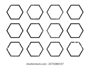 Set of grunge borders in hexagon form. Collection of dark textured frames with empty space on white background. Vector illustration