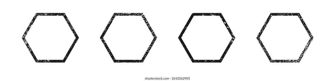 Set of grunge borders in hexagon form. Collection of four dark textured frames with empty space on white background. Vector illustration