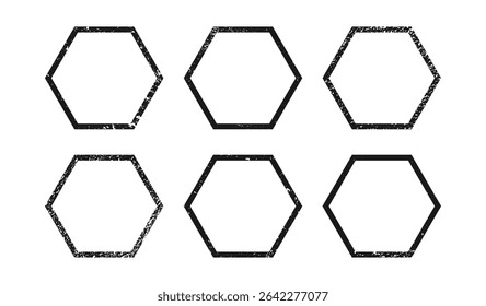 Ensemble de bordures grunge en forme d'hexagone. Collection de six cadres à texture sombre avec espace vide sur fond blanc. Illustration vectorielle