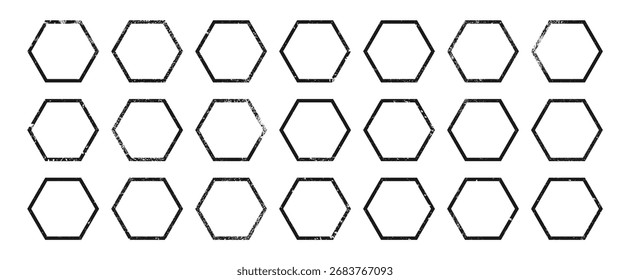 Set of grunge borders in hexagon form. Big collection of dark textured frames with empty space on white background. Vector illustration
