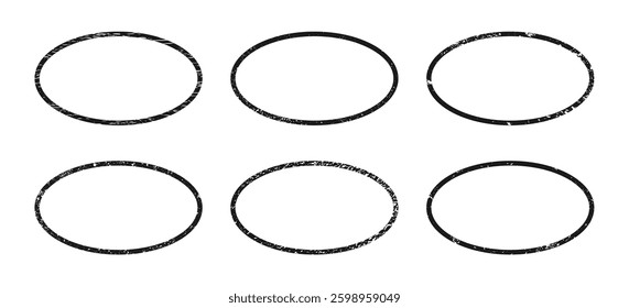 Set of grunge borders in oval form. Collection of six dark textured frames with empty space on white background. Vector illustration