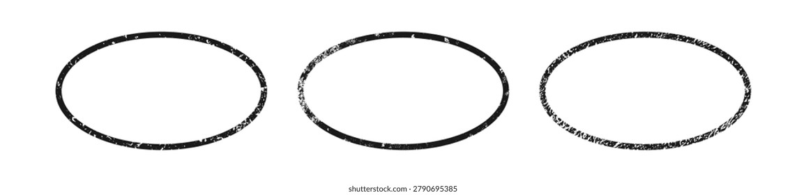 Set of grunge borders in oval form. Collection of three dark textured frames with empty space on white background. Vector illustration