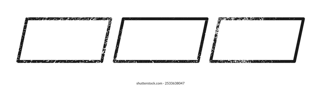 Set of grunge borders in parallelogram form. Collection of three dark textured frames with empty space on white background. Vector illustration
