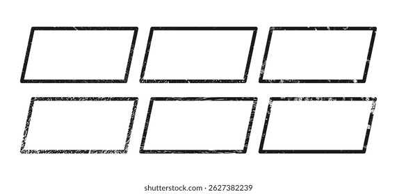 Set of grunge borders in parallelogram form. Collection of six dark textured frames with empty space on white background. Vector illustration