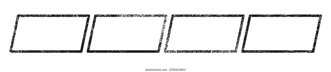 Set of grunge borders in parallelogram form. Collection of four dark textured frames with empty space on white background. Vector illustration