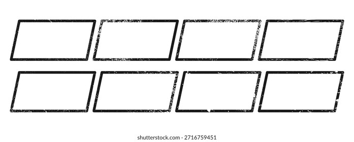 Set of grunge borders in parallelogram form. Collection of eight dark textured frames with empty space on white background. Vector illustration